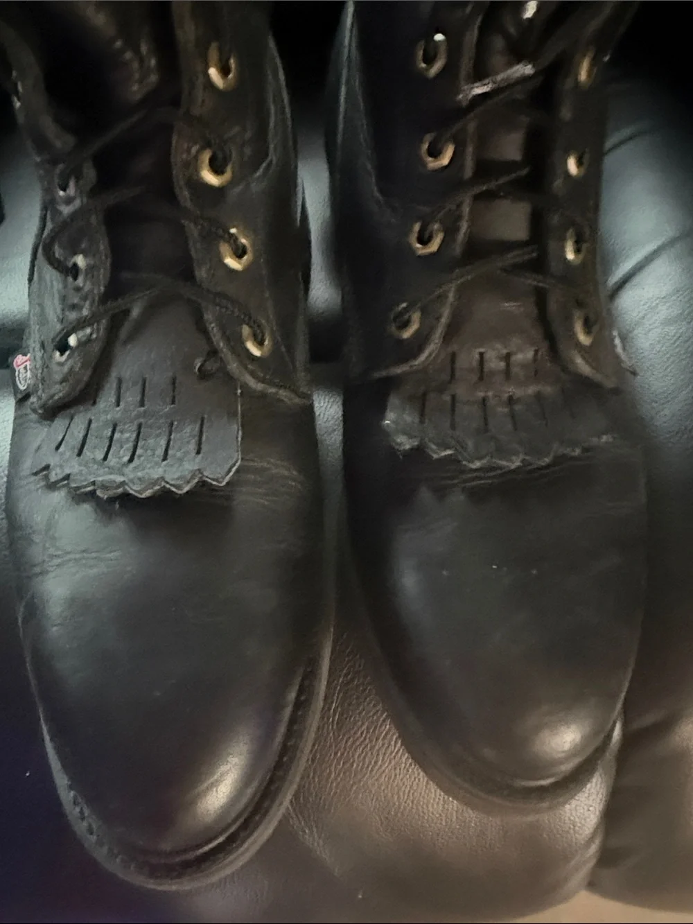Justin Boots Black Leather Lace-Up Work Boots with Kiltie Fringe